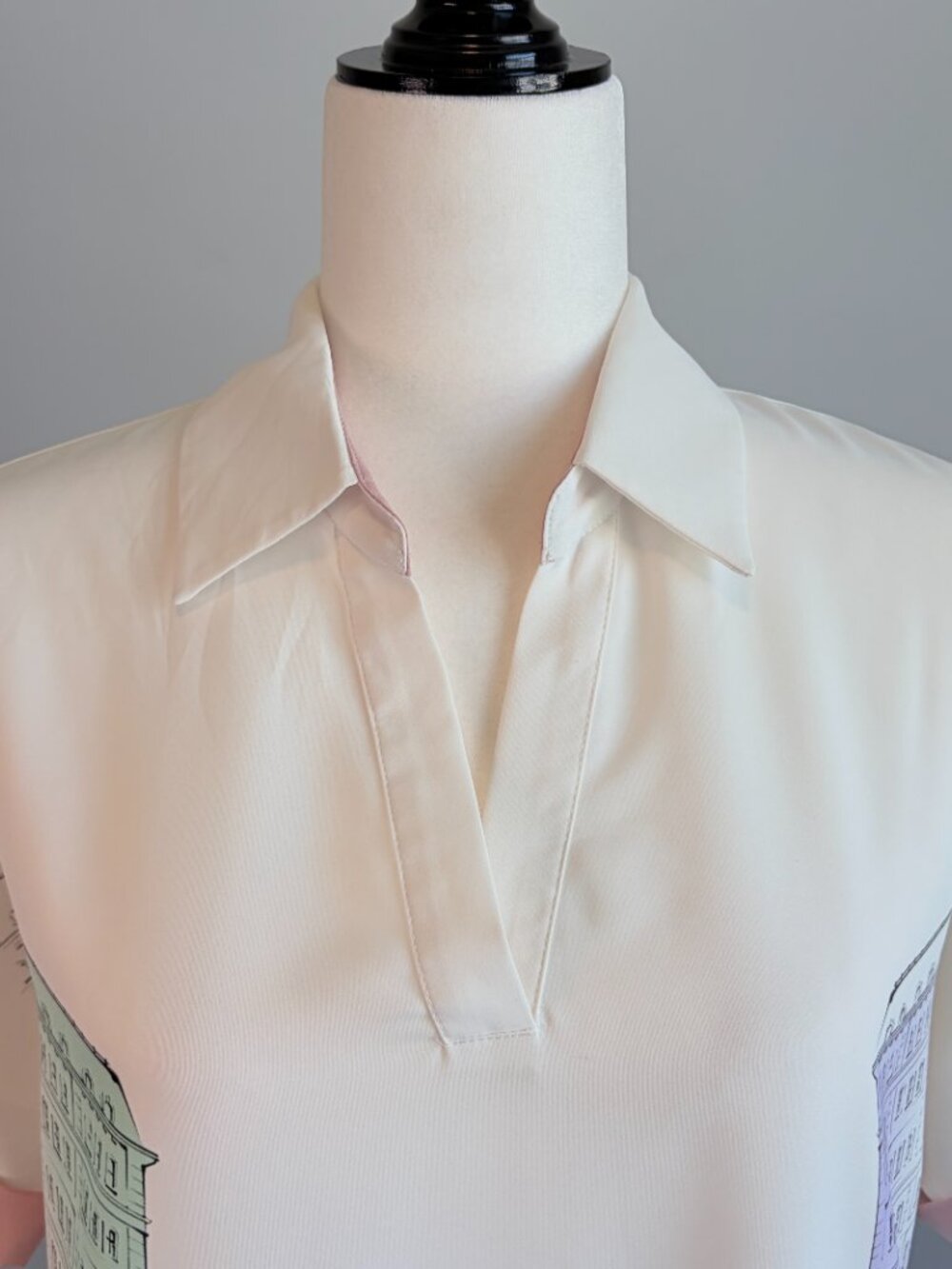 Aras Paris City Print Blouse Art Deco Collared Novelty Art White Pink Size 40 - Picture 4 of 13